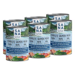 SANADOG Főtt Lazac Menü spenóttal, homoktövis bogyókkal és fűszernövényekkel, 6 x 400 g