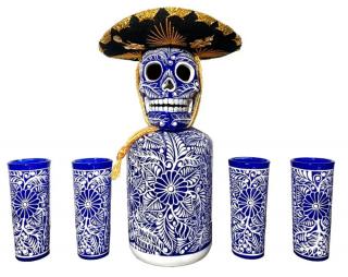 Tequila koponyás dekanter szett kék mintával és kalappal