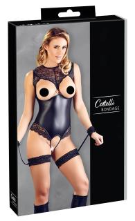 Cottelli Bondage - fényes nyitott body és kar bilincs (fekete)