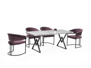 Alya Elit étkezőasztal fehér marmo MDF lappal, fekete fém lábakkal 92x180 cm és 6 db Alya székkel