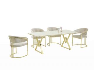 Alya Elit étkezőasztal lakk fehér MDF lappal, arany fém lábakkal 92x180 cm és 6 db Alya székkel