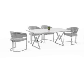 Alya Elit étkezőasztal lakk fehér MDF lappal, ezüst fém lábakkal 92x180 cm és 6 db Alya székkel