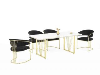 Nora Elit étkezőasztal lakk fehér MDF lappal, arany fém lábakkal 92x180 cm és 6 db Nora székkel