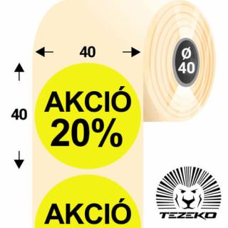 40 mm-es kör, papír címke, fluo sárga színű, Akció 20% felirattal (1000 címke/tekercs)