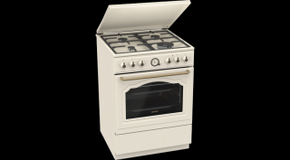 Gorenje GKS6C71CLI Kombinált tűzhely, 4 gázégő, elektromos multifunkciós sütő Pizza funkcióval,kijelző, fém tetővel, teleszkópos sütősín, lassú ajtózáródás, air fry, fém tető,60 cm széles, gőzfunkcióvai, Classico bézs szín
