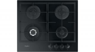 Whirlpool GOFL629/NB1 beépíthető fekete edzett üveg gázlap,   59 cm, BrushedBlackSteel - fekete szálcsiszolt fém gombsor, 3 gázégő + 1 speciális WOK égő , automata szikragyújtás,  csiszolt szegélyű, peremmentes kivitel, Multistep flame 9 fokozatú lángszab