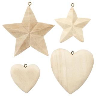 Fa dekorációk - szívek, csillagok - 4 db (fa szívek és)