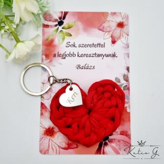 Horgolt szív kulcstartó gravírozott medállal, egyedi ajándékkártyán - 11 (több szín)