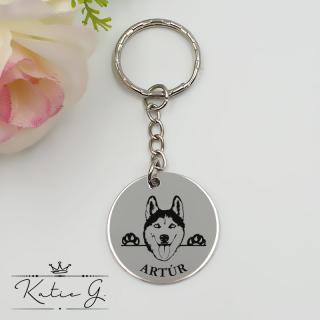 Kutyás kulcstartó saját kutyusod nevével - husky (3 cm kerek)