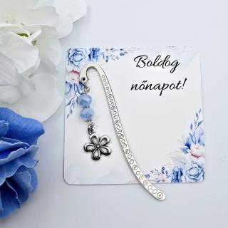 Mini könyvjelző kék csiszolt gyöngyökkel és virág medállal nőnapi ajándékkártyával
