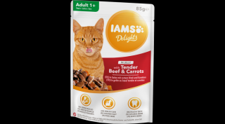 IAMS Delights nedves táp felnőtt macskáknak zsenge marhahússal és sárgarépával aszpikban 85g