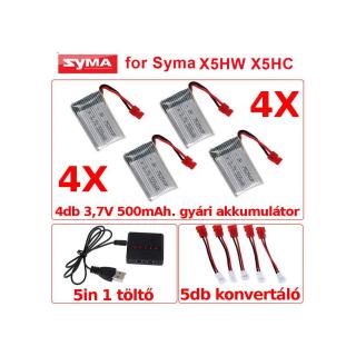 SYMA X5HC/X5HW-30- 5:1 töltő+ 4db gyári akku 3,7V 500mAh +5db konvertáló kábel