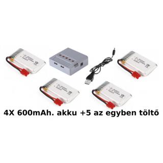 SYMA X5HC/X5HW/X5UW/X5UW-D-30-5:1 töltő + 4db minőségi tuning akku 3,7V 600mAh piros csatlakozós