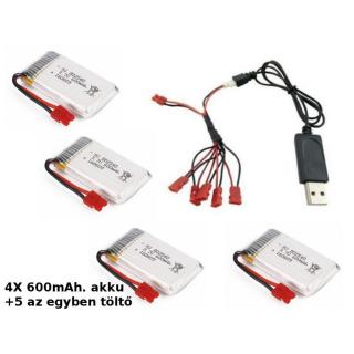 SYMA X5HC/X5HW/X5UW/X5UW-D-30- 5:1 töltő+ 4db minőségi tuning akku 3,7V 600mAh piros csatlakozós