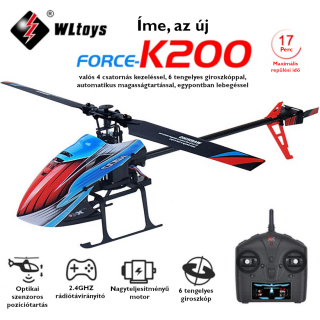 XK K200 flybar menteses 4 csatornás helikopter modell, magasságtartóval, optikai szenzorral, és 17 perc repidővel