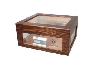 Germanus Humidor,barna, faerezetű, három oldalán és a tetején üveges, kb. 100 szál szivar részére, cédrusfa belsővel, párásítóval, higrométerrel