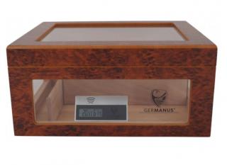 Germanus Humidor, barna színű, három oldalán és a tetején üveges, kb. 100 szál szivar részére, cédrusfa belsővel, párásítóval, higrométerrel