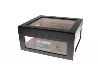 Germanus Humidor, fekete, három oldalán és a tetején üveges, kb. 100 szál szivar részére, cédrusfa belsővel, párásítóval, higrométerrel