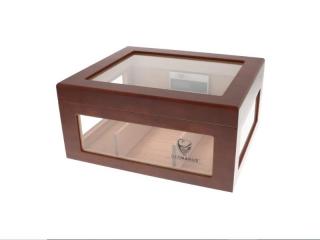 Germanus Humidor, vörösesbarna, három oldalán és a tetején üveges, kb. 100 szál szivar részére, cédrusfa belsővel, párásítóval, higrométerrel