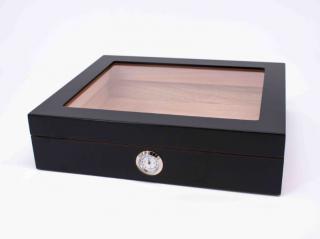 Padonio humidor 25 szál szivar részére, cédrusfa szivar doboz, üvegtető, párásítóval, higrométerrel - fekete