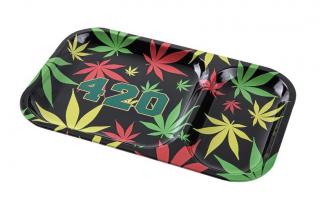 Rolling tray , fekete, színes kenderlevél "420"