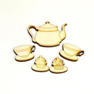 Kanna 2 db csészével és 2 db muffinnal. Méretek: kancsó: 50x35 mm, csésze: 27x20 mm, muffin: 20x20 mm