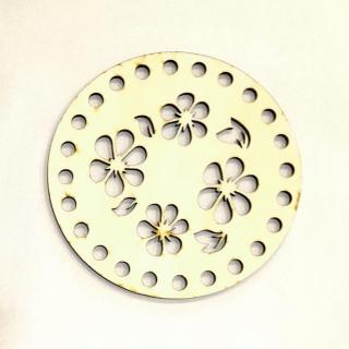 Kör alakú natúr dekortábla virág-mintával. Mérete: 12 cm, lyuk mérete: 6 mm