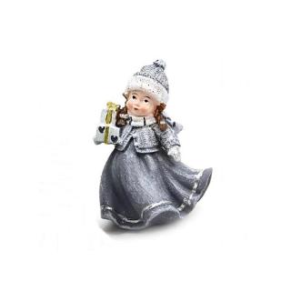 Szürke ruhás lányka ajándékcsomagokkal. Magassága: kb. 9,5 cm