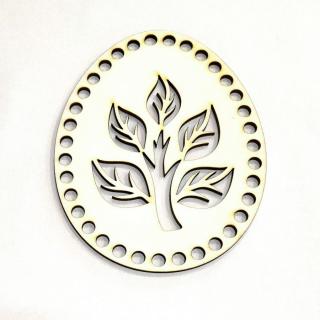 Tojás alakú natúr dekortábla leveles ág mintával. Mérete: 10,3x13 cm, lyuk mérete: 6 mm