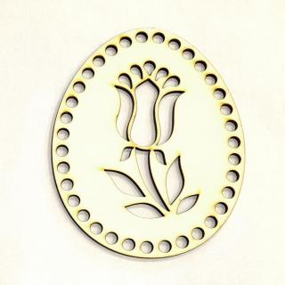 Tojás alakú natúr dekortábla tulipán mintával. Mérete: 10,3x13 cm, lyuk mérete: 6 mm