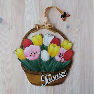 Tulipánok kosárban – tavaszi ajtókopogtató, mérete: 19x21 cm