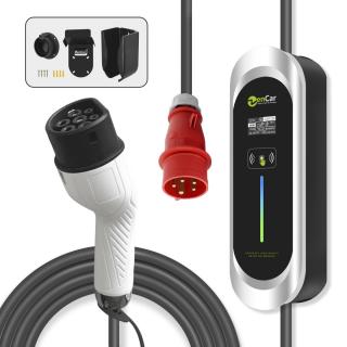 ZENCAR 32A 7,4KW elektromos autó állítható otthoni töltő (T2)- Fali konzollal - Piros CEE 32A csatlakozóval - Új Design - B tipusú FI relé