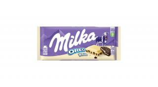 Milka Oreo White fehér csokoládé vaníliaízű, tejes krémtöltelékkel és kakaós kekszdarabokkal 100 g