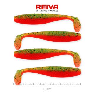 REIVA Flat Minnow Shad 10cm gumihal Zöld-narancs flitter