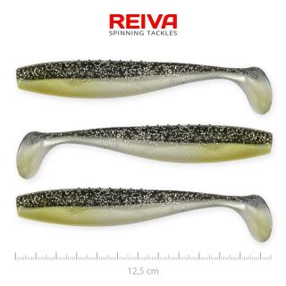 REIVA Flat Minnow Shad 12,5 cm gumihal Fekete-ezüst flitter