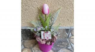 Nőnapi ajándék kaspós dekoráció, 1 szál pink gumitulipánnal, pink kaspóban