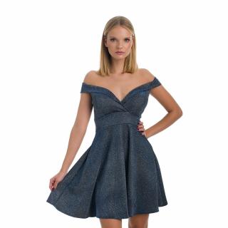 Sparkle ejtett vállú, A-vonalú koktélruha, acélkék
