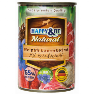 HappyFit Natural Dog Konzerv Junior BárányMarha RizzselLenmagolajjal 400g