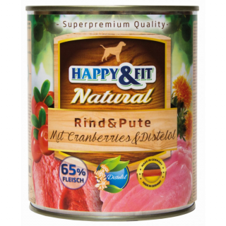 HappyFit Natural Dog Konzerv MarhaPulyka ÁfonyávalSáfrányolajjal 800g