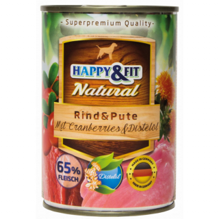 HappyFit Natural Dog Konzerv MarhaPulyka ÁfonyávalSárfányolajjal 400g