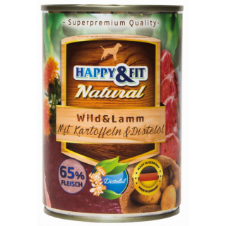 HappyFit Natural Dog Konzerv VadhúsBárány BurgonyávalSáfrányolajjal 400g