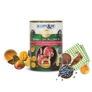 HappyFit Superior Dog Konzerv Friss Marhahús mangóval, áfonyával 400g