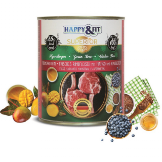 HappyFit Superior Dog Konzerv Friss Marhahús mangóval, áfonyával 800g
