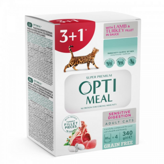 OPTIMEAL SENSITIVE Teljes értékű, gabonamentes, bárány és pulykahús szaftos állateledel felnőtt macskáknak 3+1