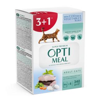 OPTIMEAL Teljes értékű, szaftos állateledel tőkehal zselében felnőtt macskáknak 3+1