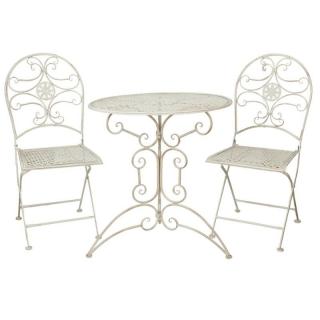 Kovácsoltvas jellegű ,Asztal + 2 db lapra csukható szék,krém színű,antikolt