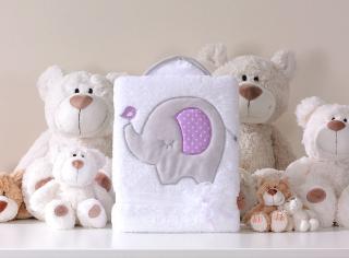 Super Soft plüss takaró- Fehér-lila elefántos