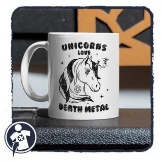 Unicorns love DEATH METAL - vicces feliratos fehér bögre (Az)