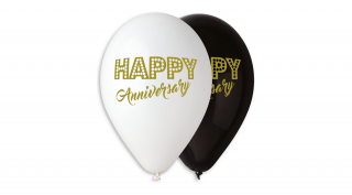 30 cm-es fekete  Happy Anniversary arany nyomattal gumi léggömb - 100 db / csomag