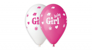 33 cm-es baby Girl printelt fehér-fuxia gumi léggömb - 10 db / csomag